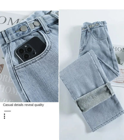 Winter Thick Warm Womens High Waist Jeans Fleece Lined Loose Fit Wide Leg Trousers Korean Style Stretchy Adjustable Waist  Jeans