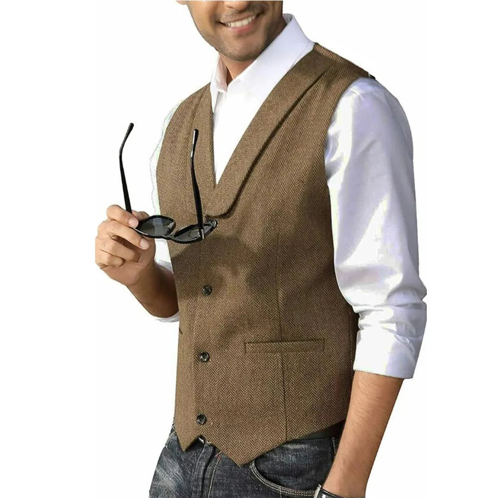 Men's Casual Suit Vest Shawl Lapel Wool Tweed Herringbone Dress Waistcoat for Wedding Party Dinner Herringbone Vests