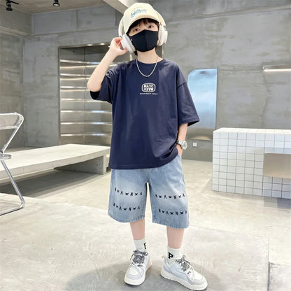 6-16 Year Children Short Sleeve Top And Bottom Clothing Set for Tween Boys Casual Streetwear Outfit Kids New Summer Clothes Suit