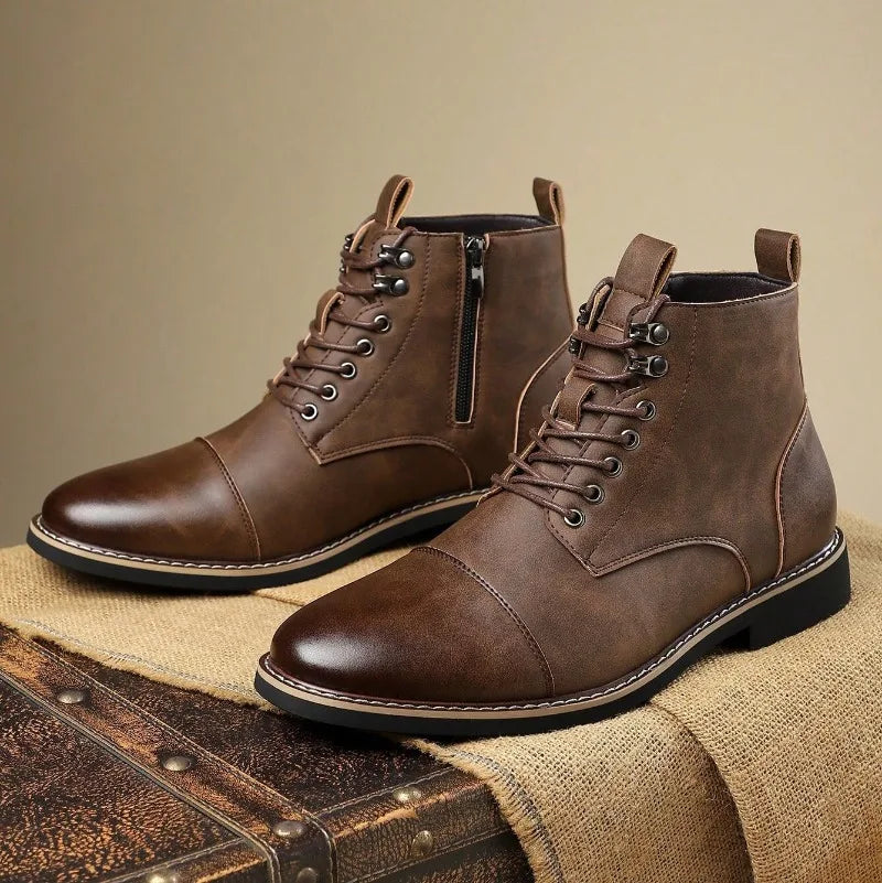 Brand Men High-top Leather Boots Classic Chelsea Boots Lace Up Pointe End Ankle Boot Men's Business Dress Boots Botas Masculinas