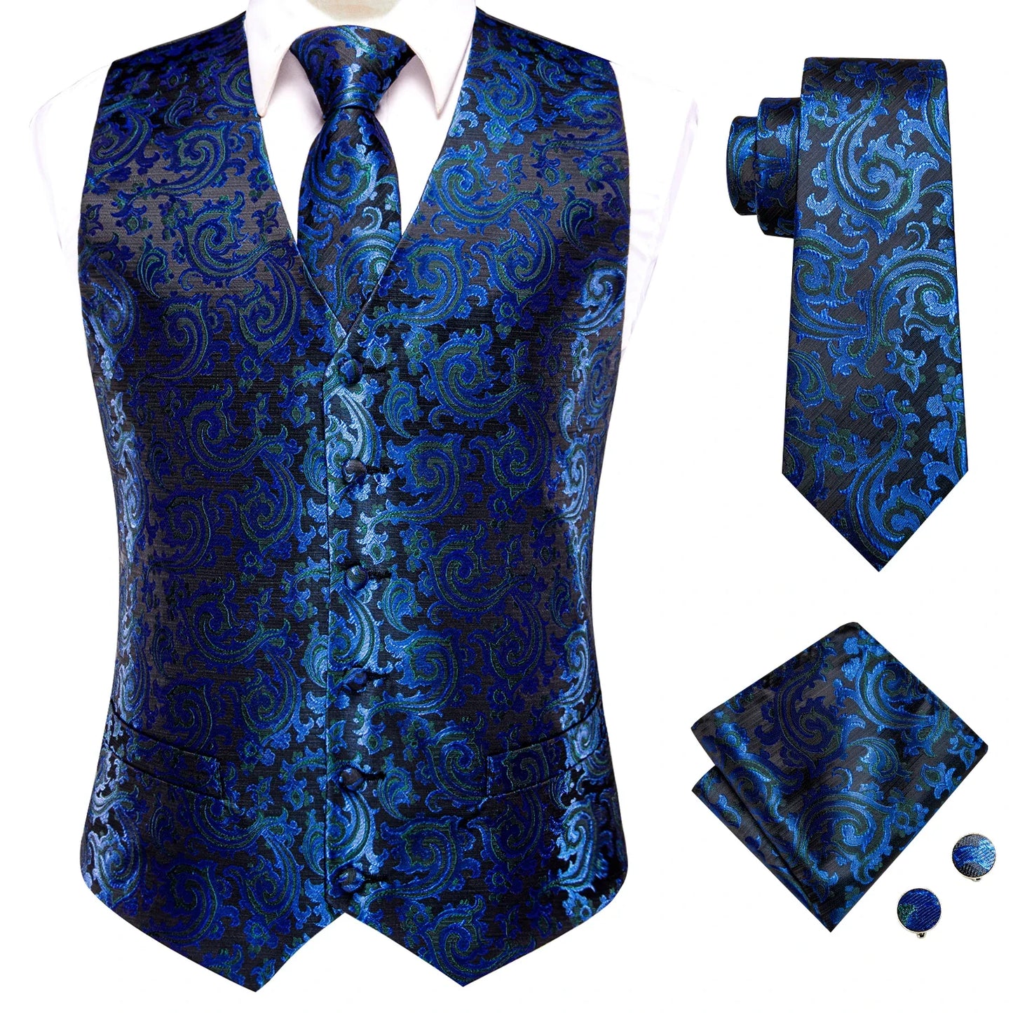 4PC Black Silk Mens Suit Vests Woven Floral Waistcoat Tie Pocket Square Cufflink Business Wedding Dress Waist Jacket