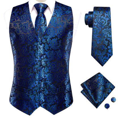 4PC Black Silk Mens Suit Vests Woven Floral Waistcoat Tie Pocket Square Cufflink Business Wedding Dress Waist Jacket