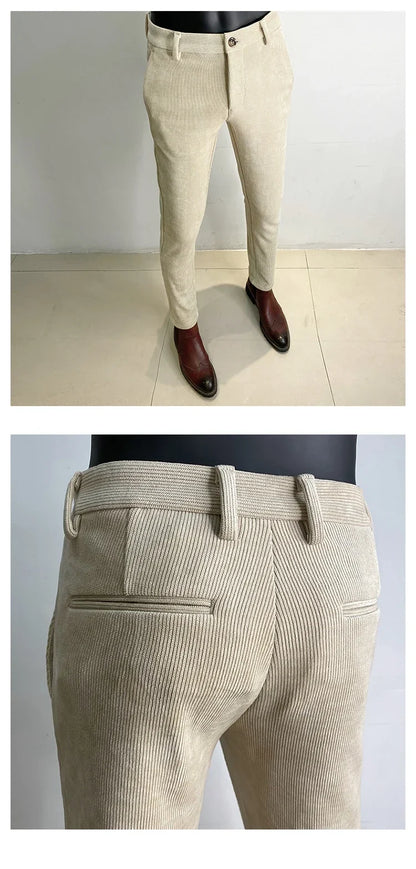 Autumn Winter Thickened Woolen Suit Pant High Quality Men Business Slim Striped Trousers Formal Wear Office Social Dress Pants