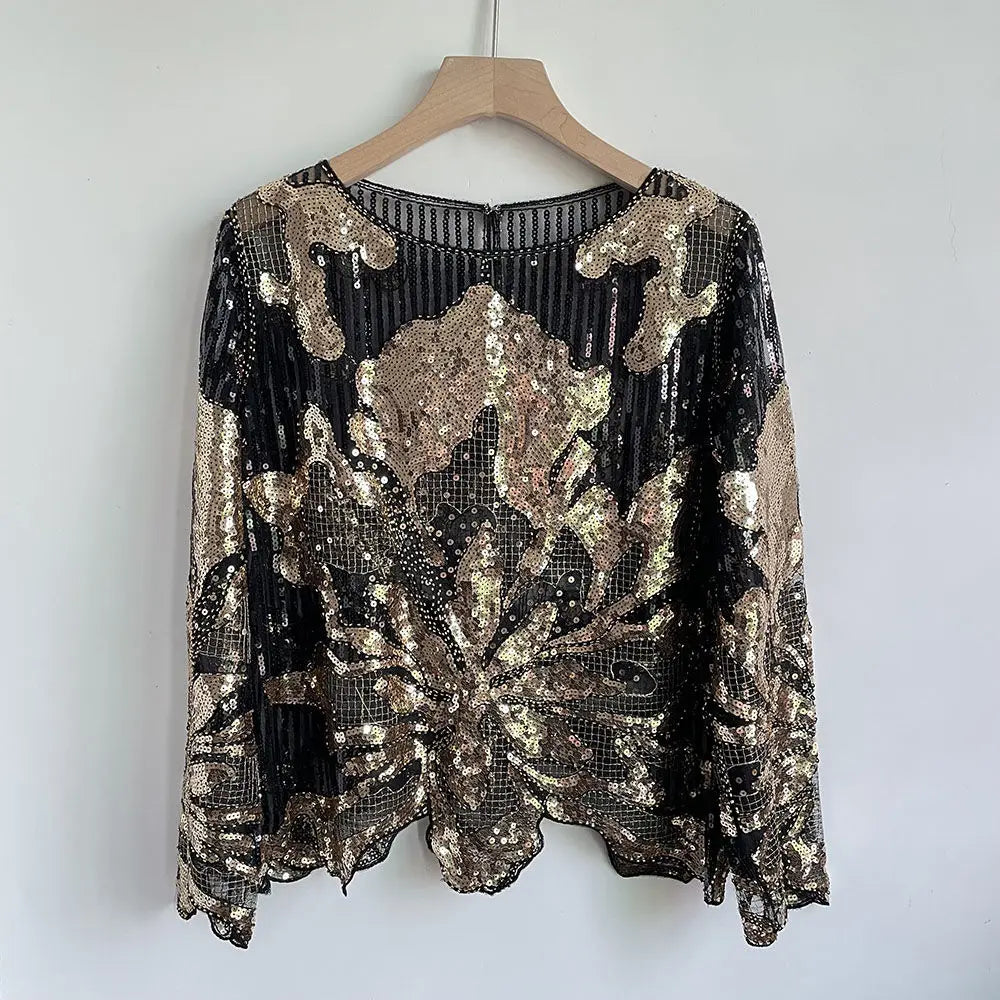 2025 Spring New Sequined Premium Outer Wear Ins Fashion Luxury Beads Long Sleeve Irregular Loose Chic T-shirt Top