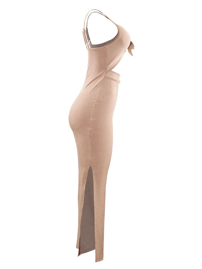 Europe and America knit simple sleeveless suspender dress in spring and summer, leaking back and sexy long skirt with neck.