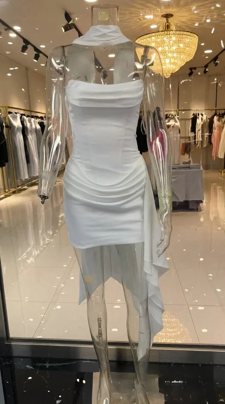 Elegant Women's Satin Mini Dress with Corset Back Lace Up Dress Ruched Bustier and Scarf for Party Wedding Gown