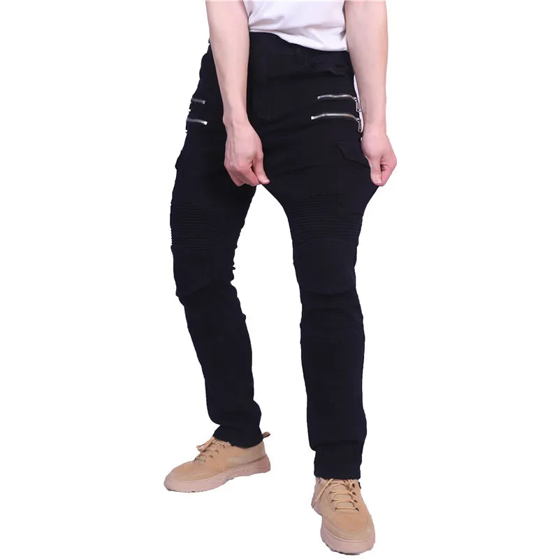 Double zipper Decoration Metal Style Motorcycle Leisure Motorcycle Men's Outdoor Riding Jeans Slim Pants With Protect Gears