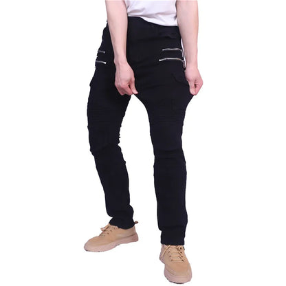 Double zipper Decoration Metal Style Motorcycle Leisure Motorcycle Men's Outdoor Riding Jeans Slim Pants With Protect Gears