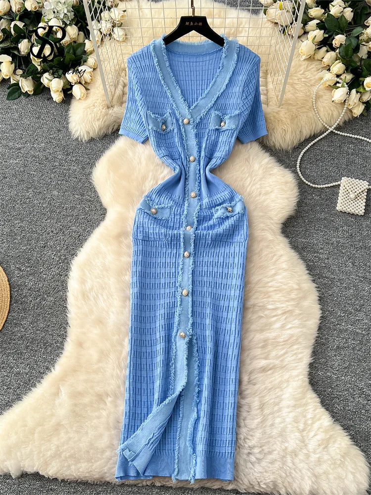 High Quality Elastic Knitted Long Sundress Women Short Sleeves Button Design Office Lady Vintage Split Slim Dress