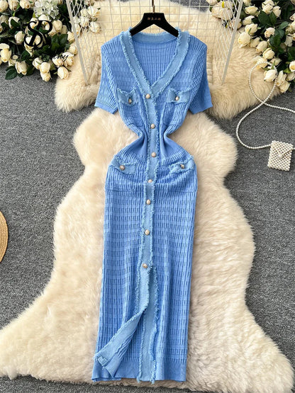 High Quality Elastic Knitted Long Sundress Women Short Sleeves Button Design Office Lady Vintage Split Slim Dress