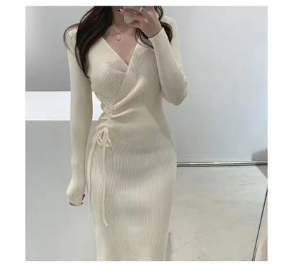 Chic V-ne Knitted Wrap Waist Slimming Mid-length A-line Dr Women's Sweater Dr Korean Sle High Waist Long Sve