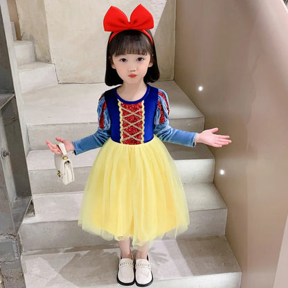 Child Snow White Costume Princess Ball Gown Girls Birthday Party Fantasy Velvet Bodice Mesh Tutu Skirt Kid Cosplay Outfit 2-10Yr