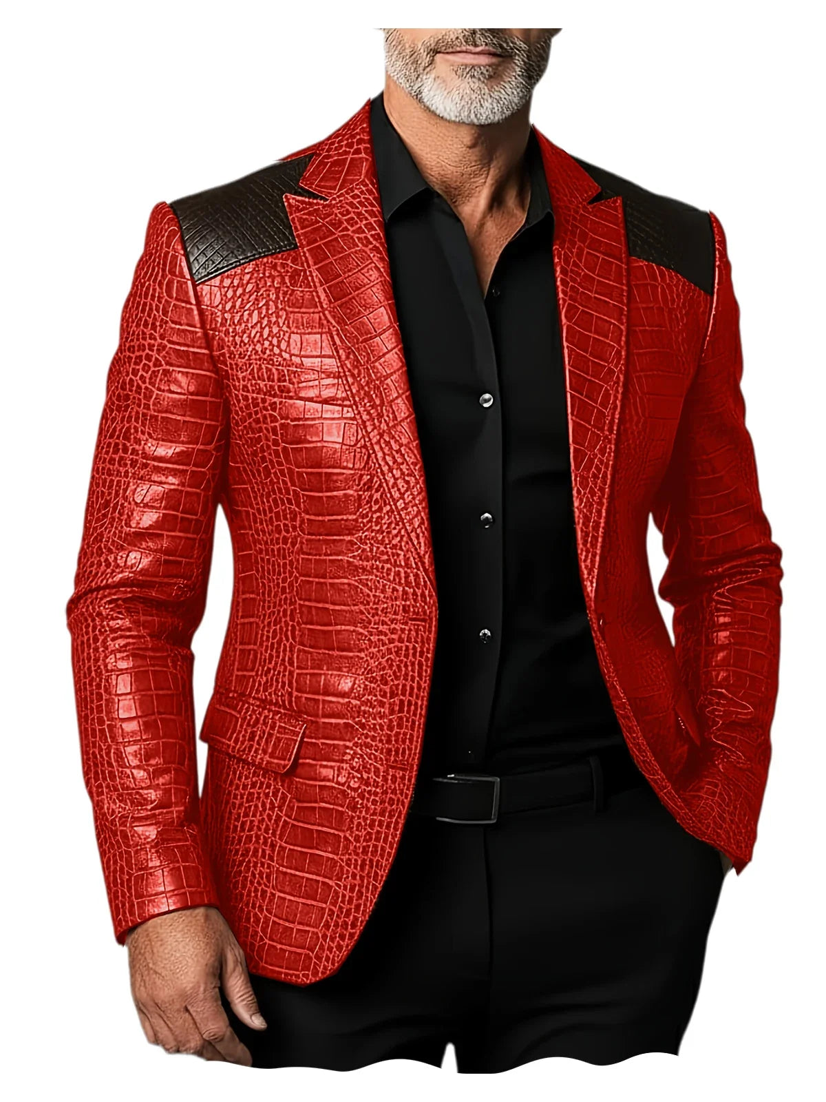 Men's Crocodile Pattern Leather Blazer Patchwork PU Leather Suit Jacket Notched Lapel Slim Fit Business Casual Coat Outerwear