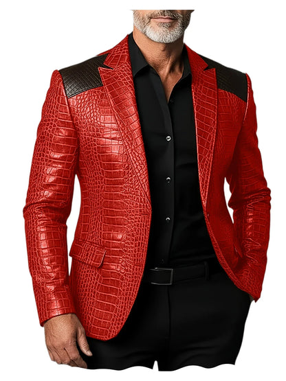 Men's Crocodile Pattern Leather Blazer Patchwork PU Leather Suit Jacket Notched Lapel Slim Fit Business Casual Coat Outerwear