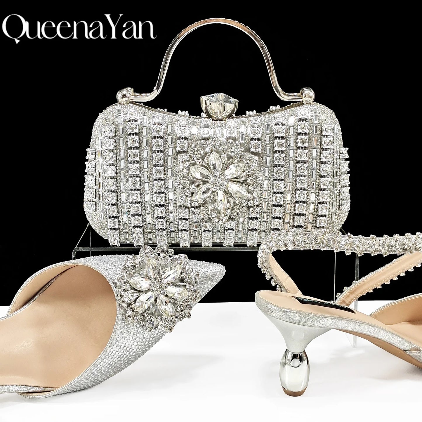2024 Party Perfection: Rhinestone-Embellished Heels and Gold Mini Bag for Elegant Nights
