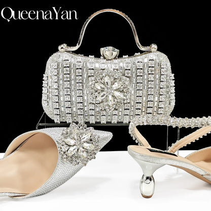 2024 Party Perfection: Rhinestone-Embellished Heels and Gold Mini Bag for Elegant Nights