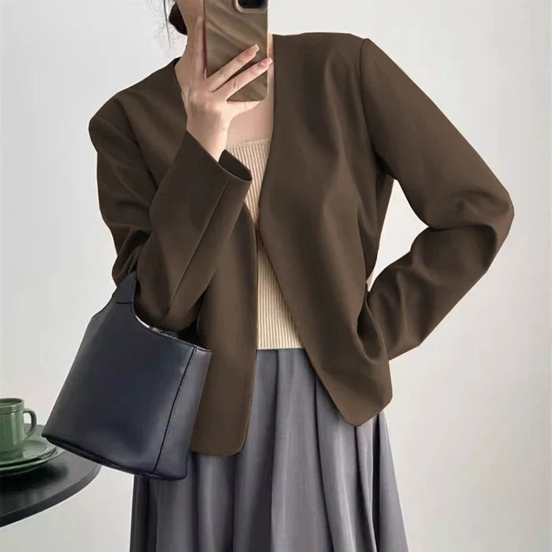 2025 Spring Autumn Fashion New Women's Suit Jackets Solid Short Coats Korean Blazers Long Sleeve Cardigan Coat Without Placket