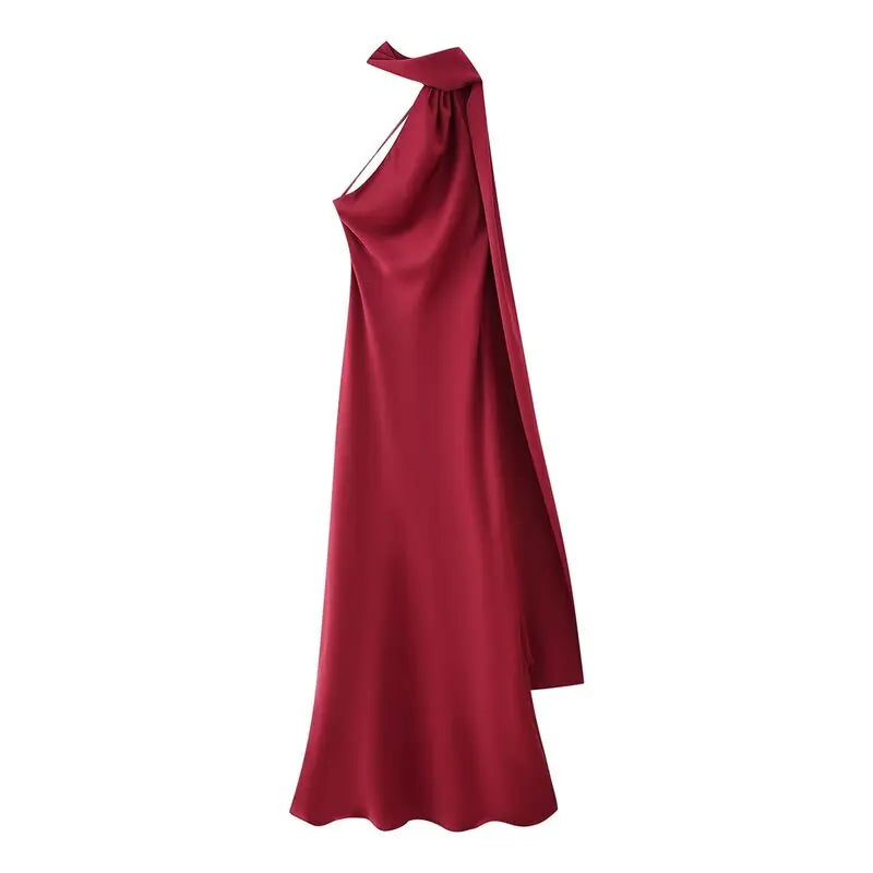 Elegant Long Silk Satin Dress Neck Hanging Pure Color Slim Fit Summer New Fashion Women's Dress City Commuting Casual Wedding