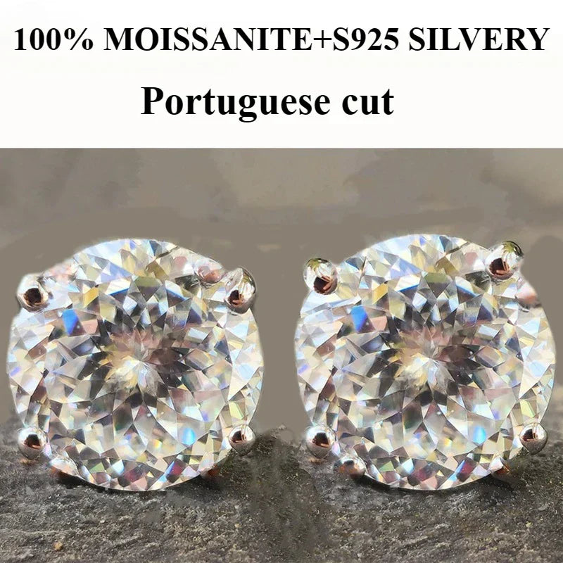 100% S925 silvery Portuguese cut D moissanite screw back 4 prong stud earring for women golden plated yellow golden plated  GRA