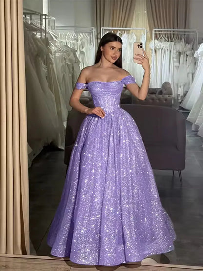 Customized Moden Prom Dress 2026 Glitter Tulle Off the Shoulder Wedding Party Dress Boat-neck A-line Floor-Length Evening Gowns