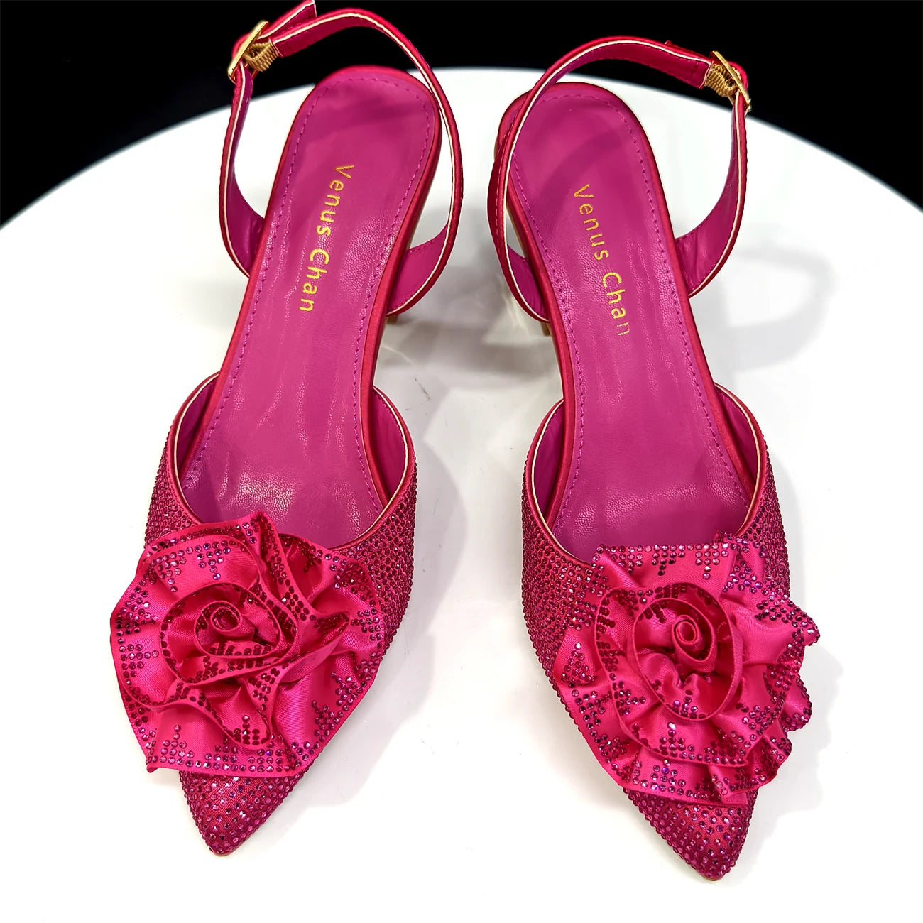 Trendy Brown High Heel Women's Shoes with 3D Rose Rhinestones & Matching Handbag Set - Italian-Inspired Pointed-Toe Design