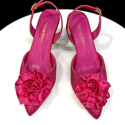 Trendy Brown High Heel Women's Shoes with 3D Rose Rhinestones & Matching Handbag Set - Italian-Inspired Pointed-Toe Design