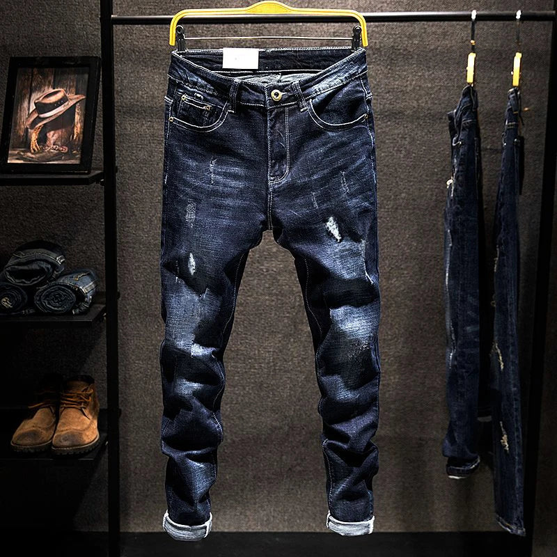 American Elastic Straight Jeans Men Ripped Worn-out Slim-fit Cotton Denim Pants Korean Style Fashion Blue Black Men's Clothing