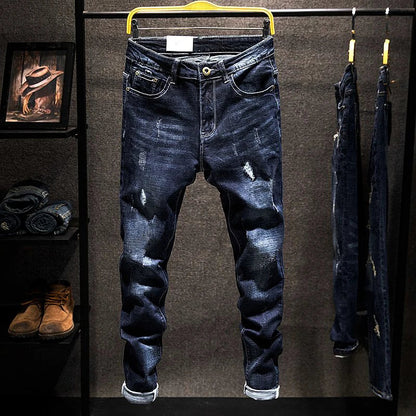 American Elastic Straight Jeans Men Ripped Worn-out Slim-fit Cotton Denim Pants Korean Style Fashion Blue Black Men's Clothing