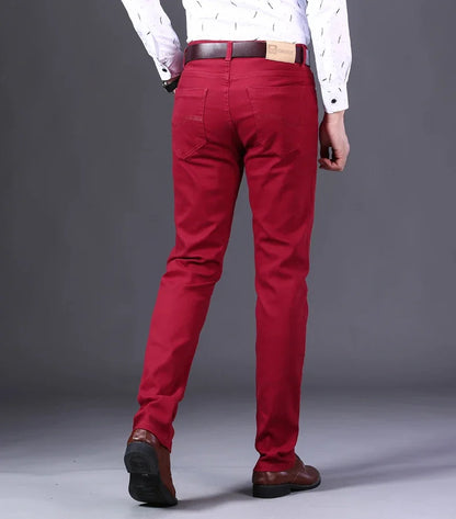 2025 New Wine Red Jeans Men Fashion Casual Classic Style Business Straight Fit Soft Trousers Male Advanced Pants