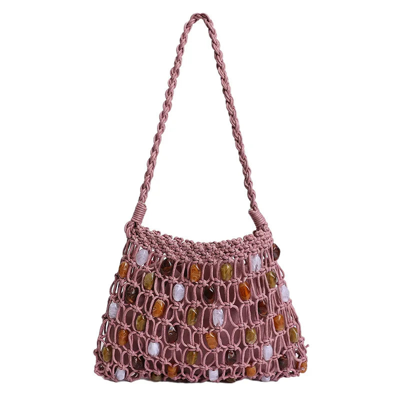 Hollow Beading Women Shoulder Bag Rope Knitting Handbags Bohemian Crochet Mesh Bags for Women Small Woven Beach Bag Flap Tote