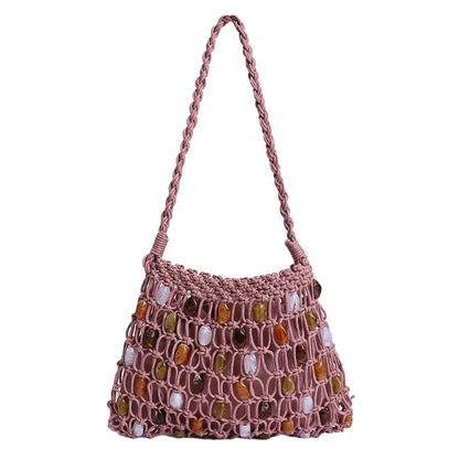 Hollow Beading Women Shoulder Bag Rope Knitting Handbags Bohemian Crochet Mesh Bags for Women Small Woven Beach Bag Flap Tote