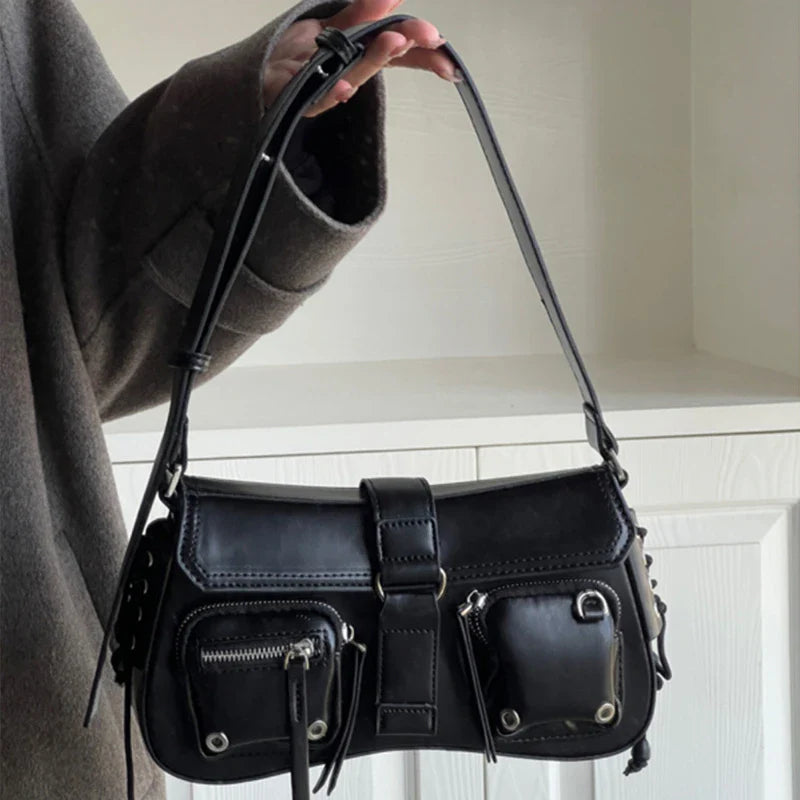 Goth Punk Cool Women's Underarm Bag Hot Girls Shoulder Bags Fashion Design PU Leather Female Handbags Tote Purse with Zipper