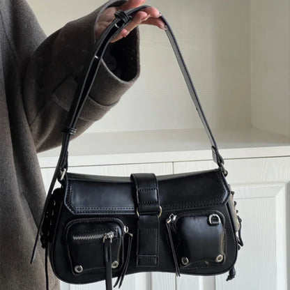 Goth Punk Cool Women's Underarm Bag Hot Girls Shoulder Bags Fashion Design PU Leather Female Handbags Tote Purse with Zipper