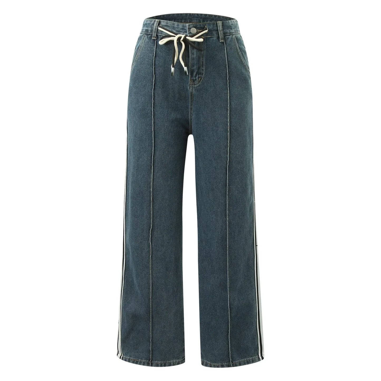 Harajuku Y2k Trendy Denim Pants Women Striped Drawstring High Waist Jeans Korean Style Vintage Loose Wide Leg Trousers
