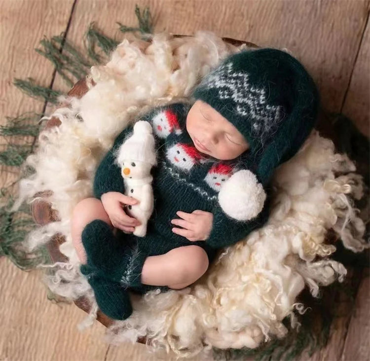 Christmas Baby Clothing Newborn Boy Girl Photography Santa Claus Costumes Sets Green Knitted Romper Stockings Hat 3pcs for Xmas