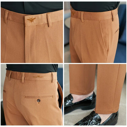 Autumn Mens Fashion Embroidered Trousers Korean Business Dress Solid Suit Pant Formal Office Social Slim Fit Casual Suit Pants