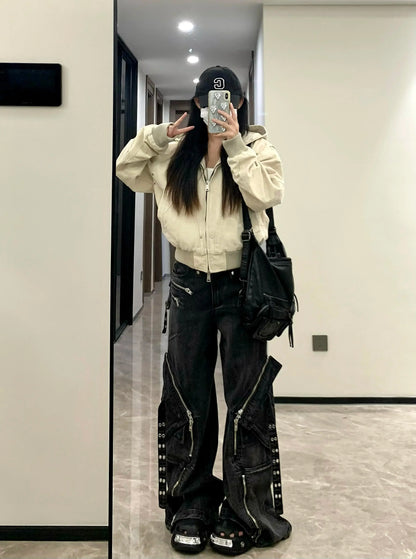 Black Gothic Punk Multi-Pocket Zipper Black Jeans Men And Women Y2K American Baggy Fashion Vintage Casual Loose Wide-Leg Jeans