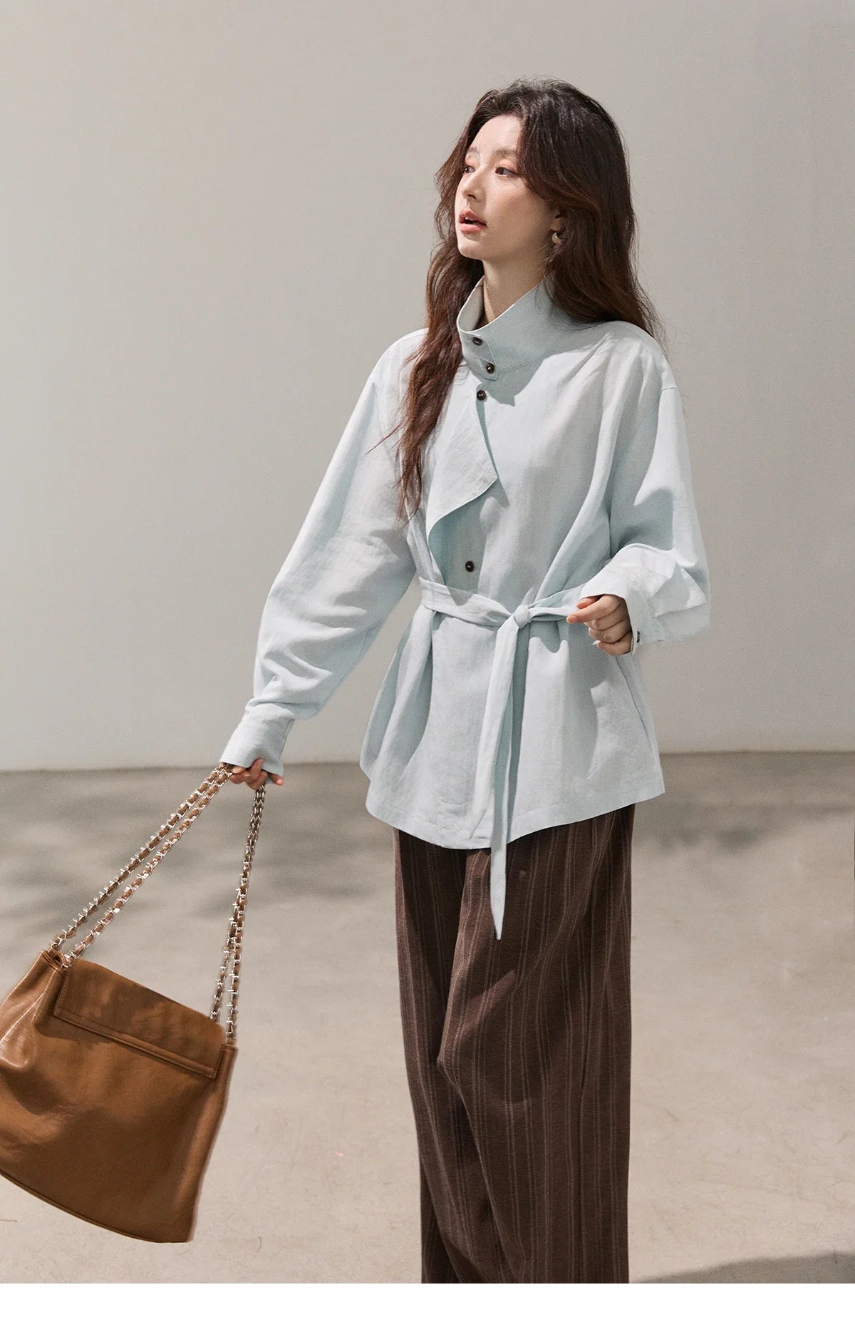 Women's Stand Collar Long Sleeve Shirts Spring Belted Waist Asymmetric Button Tops Casual Loose Solid Shirt MXF13C2459