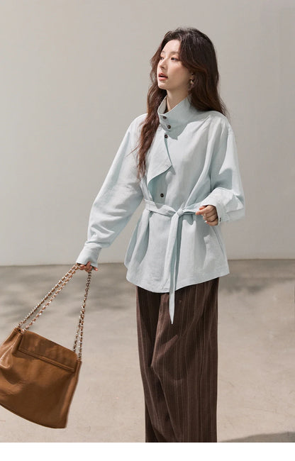 Women's Stand Collar Long Sleeve Shirts Spring Belted Waist Asymmetric Button Tops Casual Loose Solid Shirt MXF13C2459