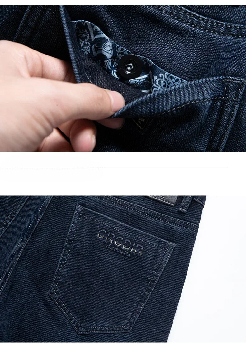 Men's Thicken Fleece Straight Jeans Winter Business Casual Stretch Denim Pants Warm Plush Brand Trousers Pans Male Classic