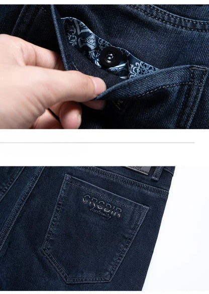 Men's Thicken Fleece Straight Jeans Winter Business Casual Stretch Denim Pants Warm Plush Brand Trousers Pans Male Classic
