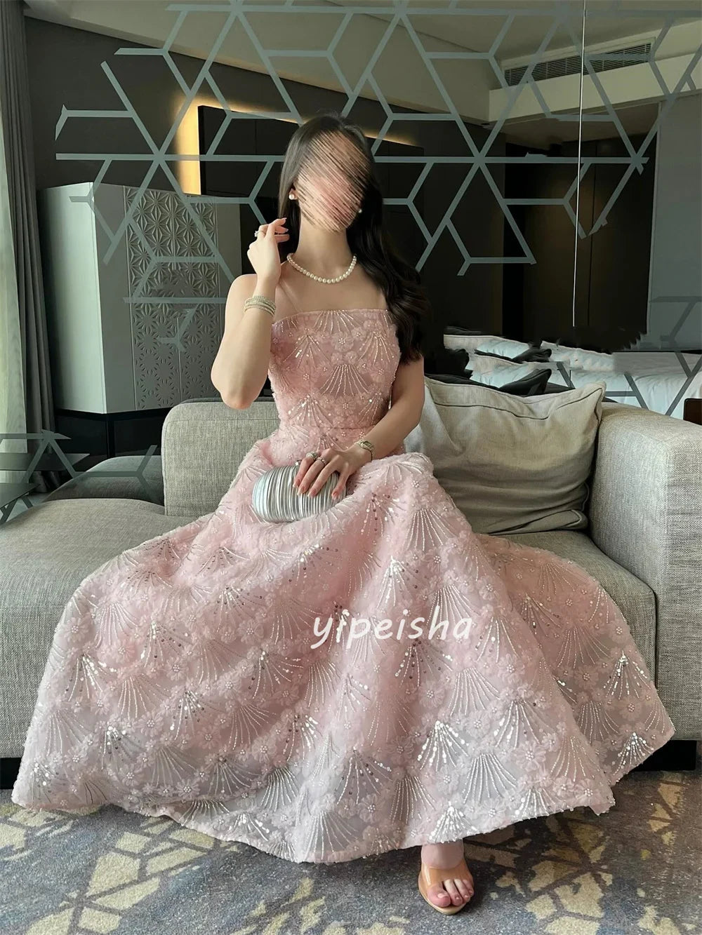 Customized Modern Style Intricate Flower Sequined A-line Strapless Long Dresses Bespoke Occasion Dresses Sizes Available Sexy