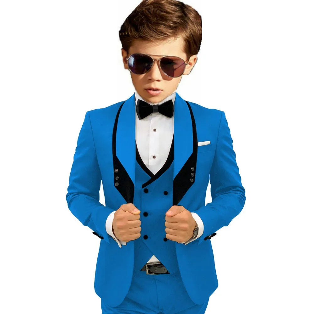 Sky Blue Elegant Shawl Lapel Tuxedo 3 Pieces Formal Banquet Outfit High Quality Children's Stylish Suit Set Party Wear 2-20T