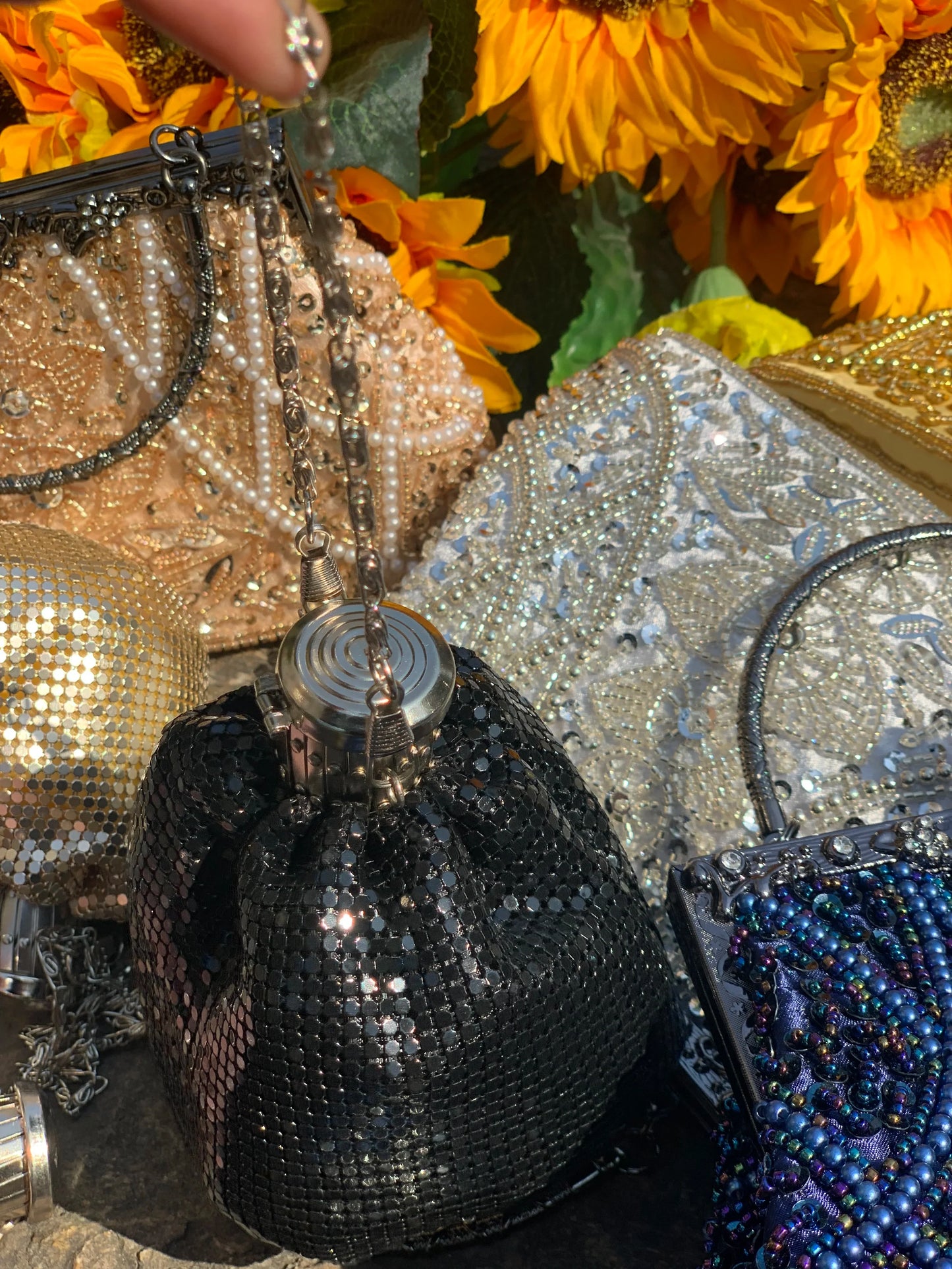 Lost in Vintage Glitter Sparking Evening Bag Handbag with Aluminum Pieces Crossbody Clutches Shoulder Metallic Chains