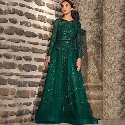Exquisite O-Neck Long Sleeve Evening Dress Women Party A-Line Floor Length Shiny Beading with Belt High Quality Customized Gowns