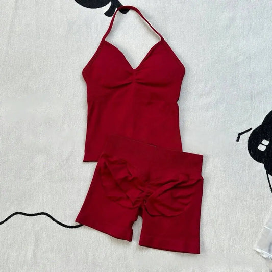 Women Gym Suit Clothes Longline Strappy Top Bras Seamless Running Shorts Sports 2 PCs Fitness Suit Running Workout Yoga Set