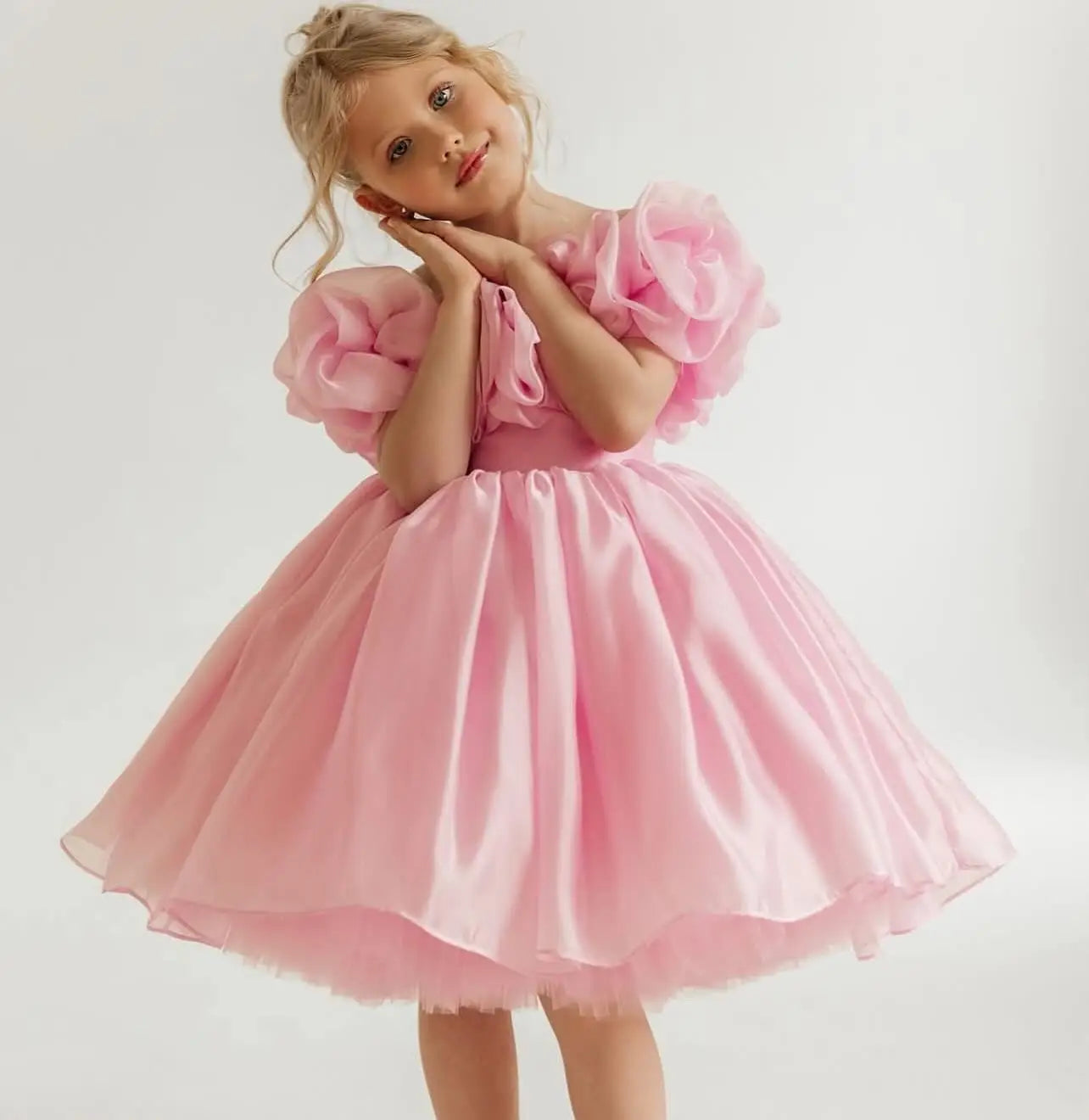 White Flowers Fairy Flower Girl Dress for Wedding Knee Length Organza Communion Dress Girls Birthday Party Ball Gowns