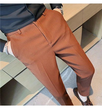 2024 Autumn New Waffle Stretch Waist Business Formal Pants Men Fashion Wedding Slim Trouser Mens Brand Social Party Suit Pants
