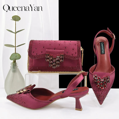 Green Color Rhinestone Comfortable Women's Pumps Heels And Bag Fashion Style Pointed-Toe Shoes For Farty  Occasion