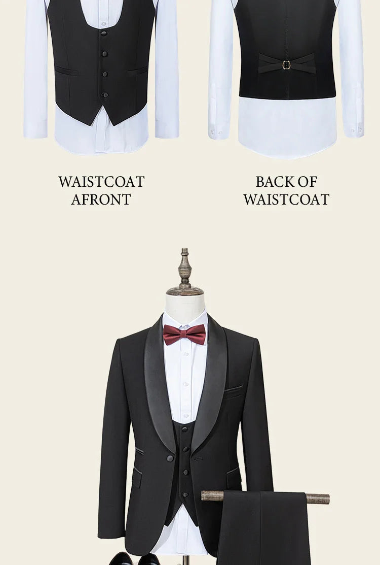 Men's Suit Black Collar Formal Dress Wedding Three-Piece Suit Orthodox Suit Vest Pants